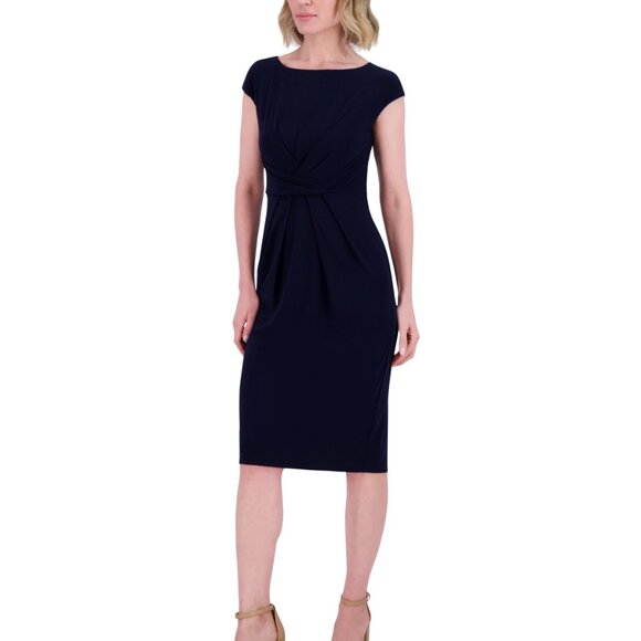 Jessica Howard Petite Pleat-Front Cap-Sleeve Boat-Neck Dress - Navy (NWT, 12P) - Picture 3 of 4